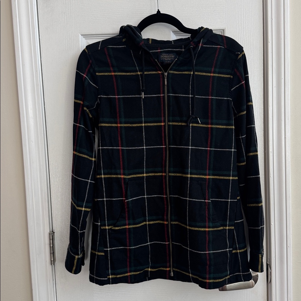 PENDLETON 100% Virgin Wool Checkered Plaid Zip Up Hoodie Size Small